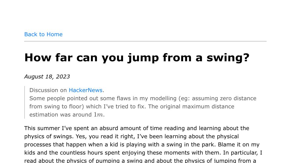 Screenshot of alexmolas.com: How far can you jump from a swing?