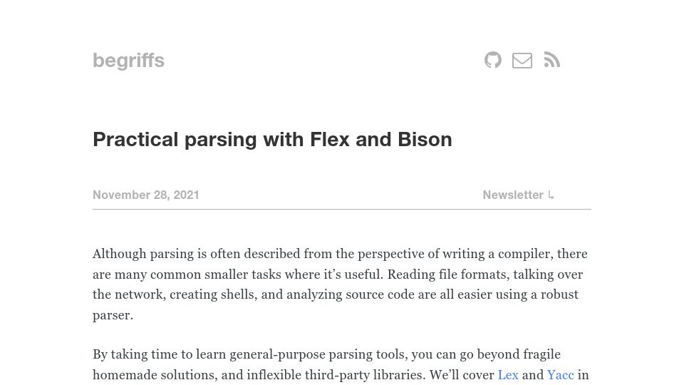 Screenshot of begriffs.com: Practical parsing with Flex and Bison (2021)