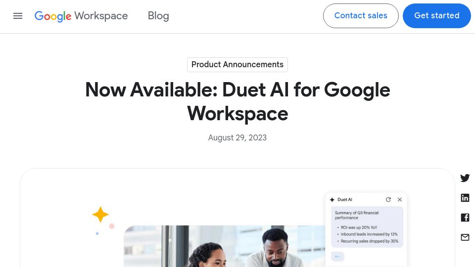 Screenshot of workspace.google.com: Duet AI for Google Workspace Now Available