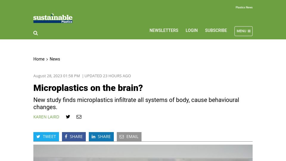 Screenshot of sustainableplastics.com: New study finds microplastics infiltrate all systems of body, alter behaviour