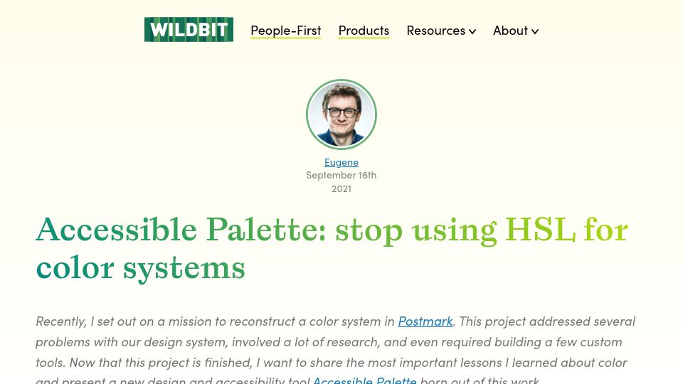 Screenshot of wildbit.com: Accessible Palette: stop using HSL for color systems (2021)