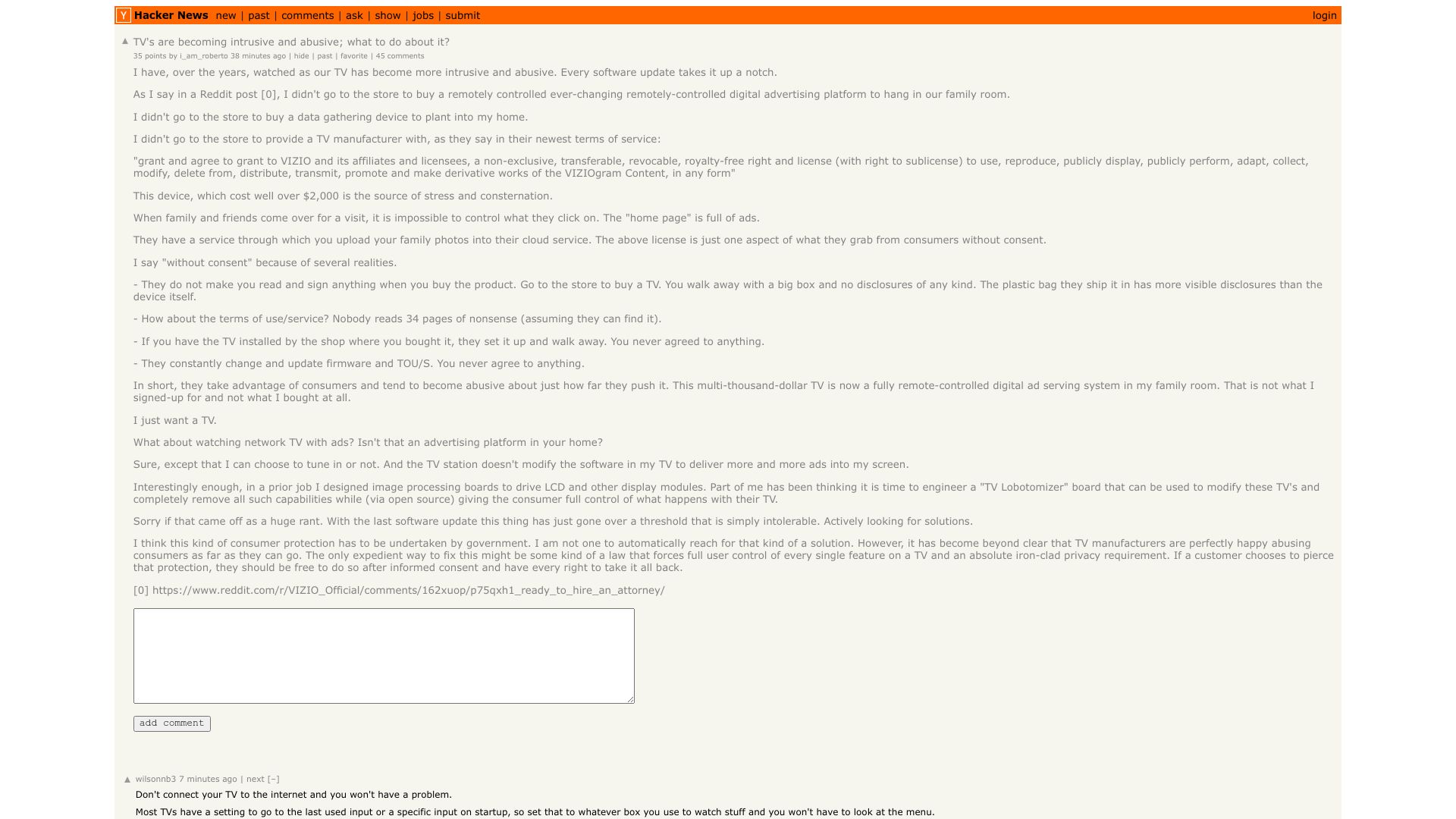 Screenshot of this Hacker News post: TV's are becoming intrusive and abusive; what to do about it?
