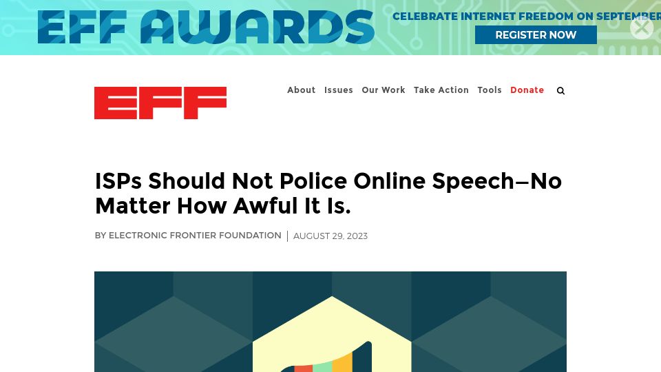 Screenshot of eff.org: ISPs should not police online speech no matter how awful it is
