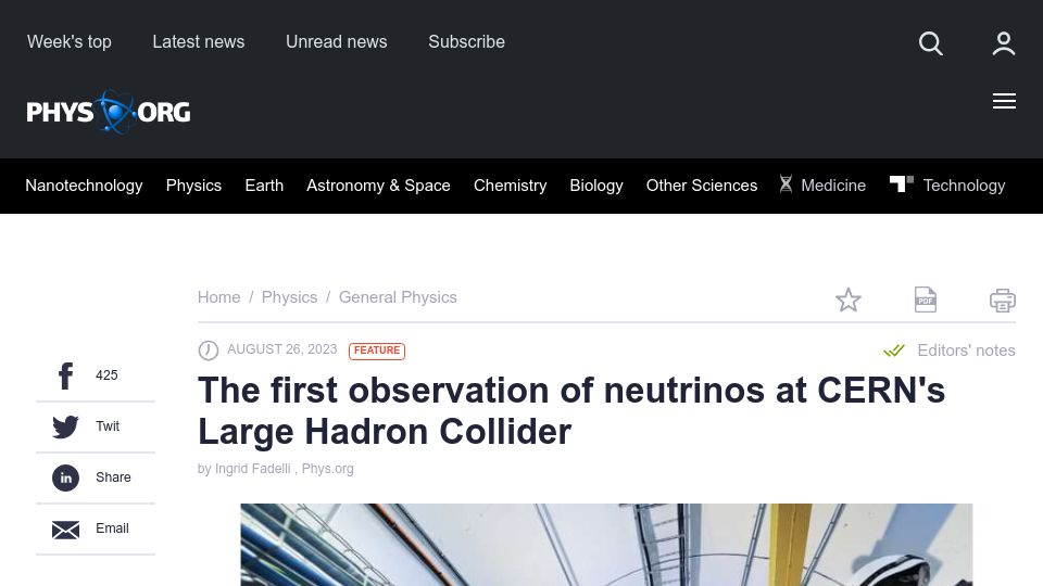 Screenshot of phys.org: The first observation of neutrinos at CERN's Large Hadron Collider