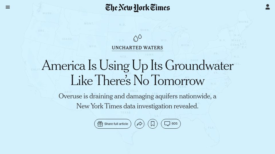 Screenshot of nytimes.com: America Is Using Up Its Groundwater Like There’s No Tomorrow