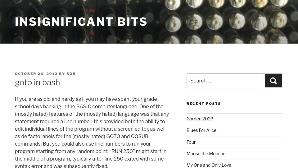 Screenshot of bobcopeland.com: Goto in Bash (2012)