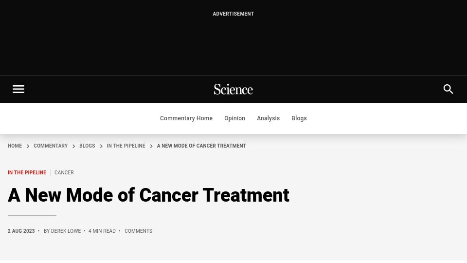 Screenshot of science.org: A New Mode of Cancer Treatment