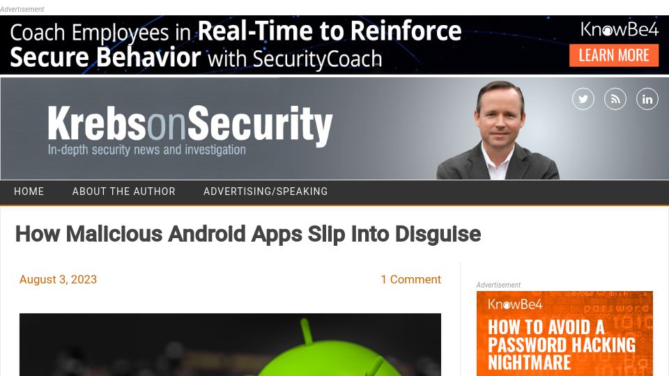 Screenshot of krebsonsecurity.com: Malicious Android Apps Slip into Disguise