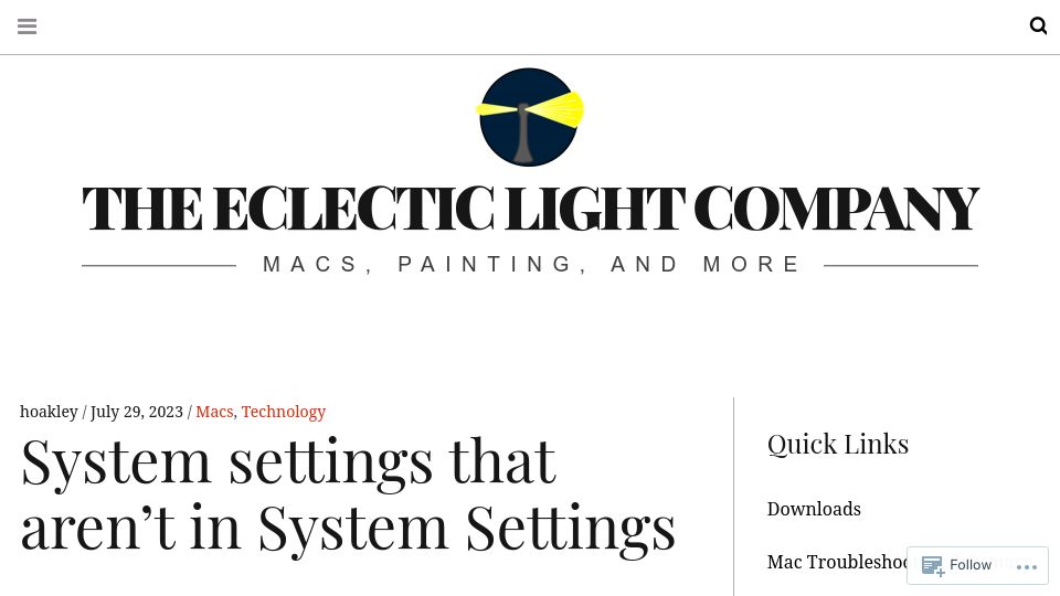 Screenshot of eclecticlight.co: System settings that aren’t in System Settings
