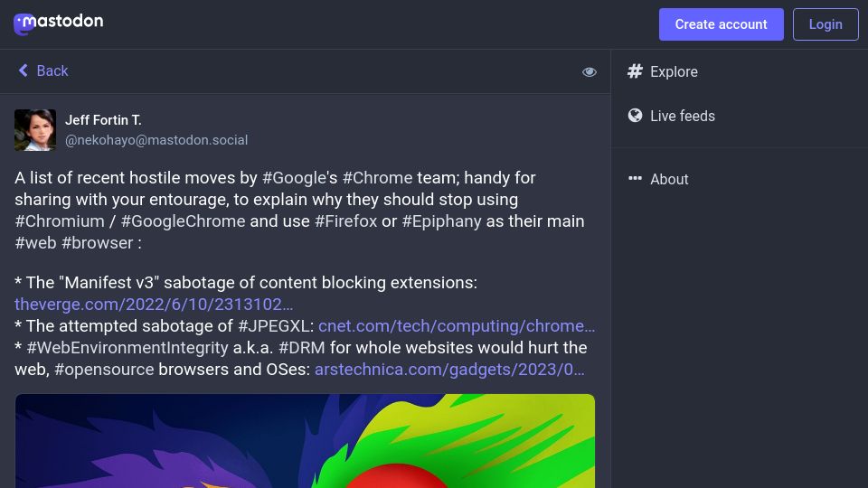 Screenshot of mastodon.social: A list of recent hostile moves by Google's Chrome team