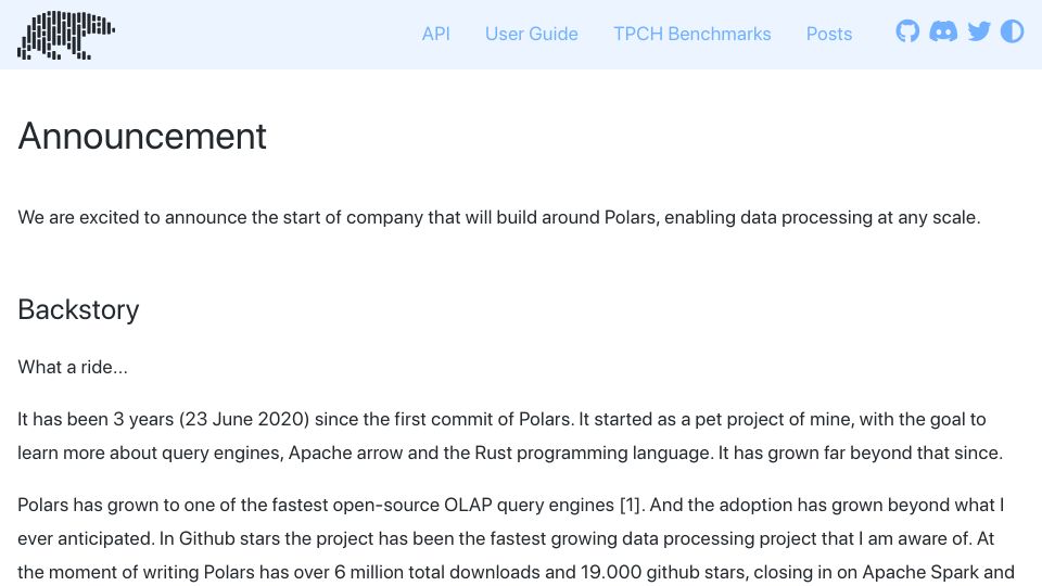 Screenshot of pola.rs: Polars: Company Formation Announcement