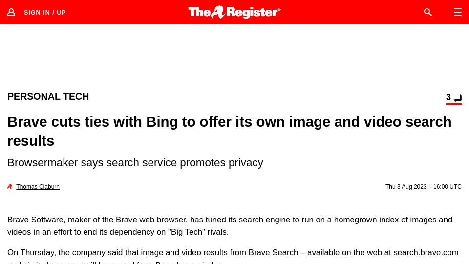 Screenshot of theregister.com: Brave cuts ties with Bing to offer its own image and video search results