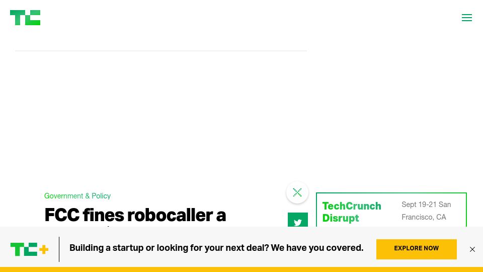 Screenshot of techcrunch.com: FCC fines robocaller a record $300M after blocking billions of their scam calls