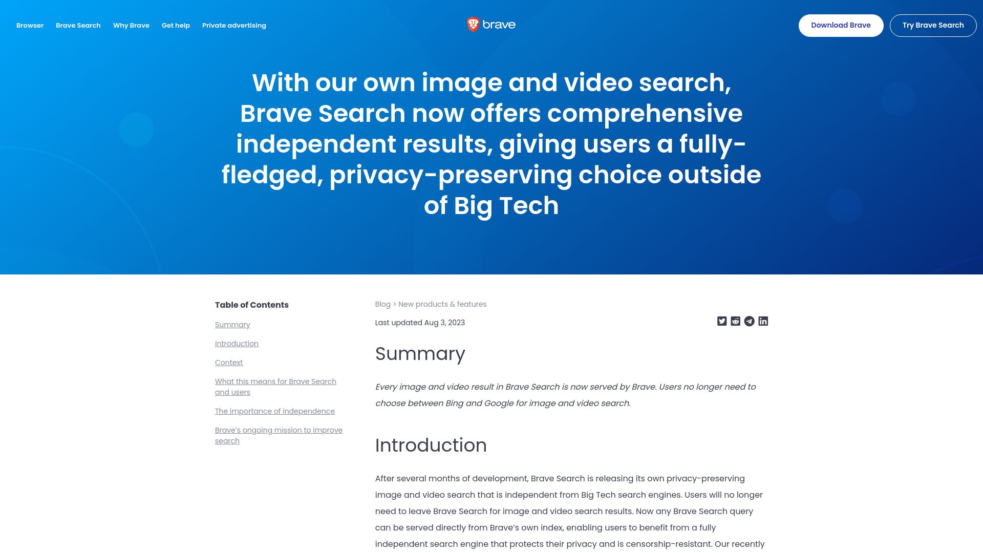 Screenshot of brave.com: Brave Search launches own image and video search