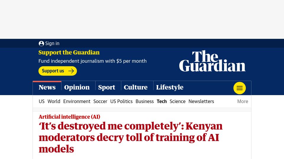 Screenshot of theguardian.com: Kenyan moderators decry toll of training of AI