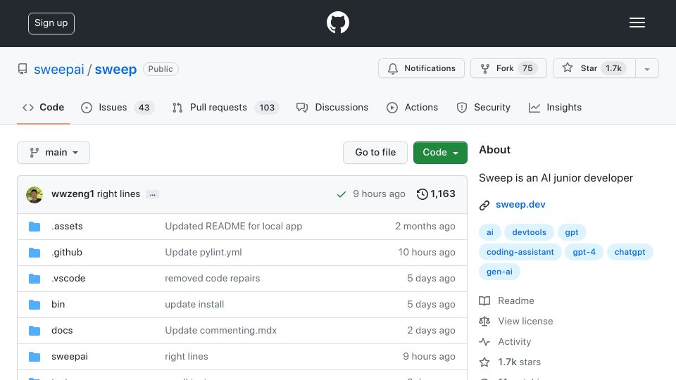 Screenshot of github.com: Launch HN: Sweep (YC S23) – A bot to create simple PRs in your codebase