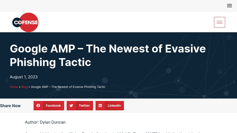 Screenshot of cofense.com: Google AMP – The Newest of Evasive Phishing Tactic
