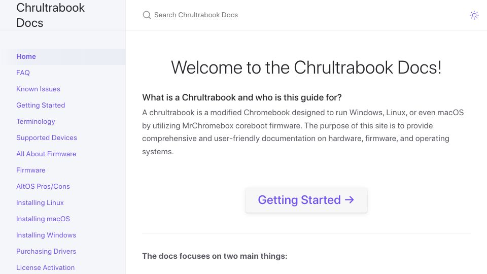 Screenshot of chrultrabook.github.io: Chrultrabook – Modify a Chromebook to Run Windows/Linux/macOS