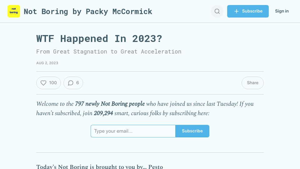 Screenshot of notboring.co: WTF Happened in 2023?