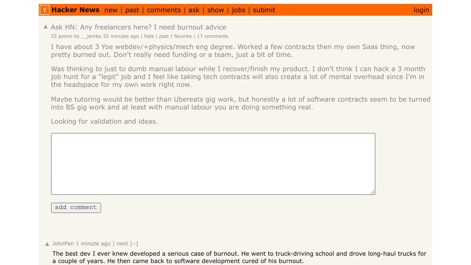 Screenshot of Hacker News post: Ask HN: Any freelancers here? I need burnout advice