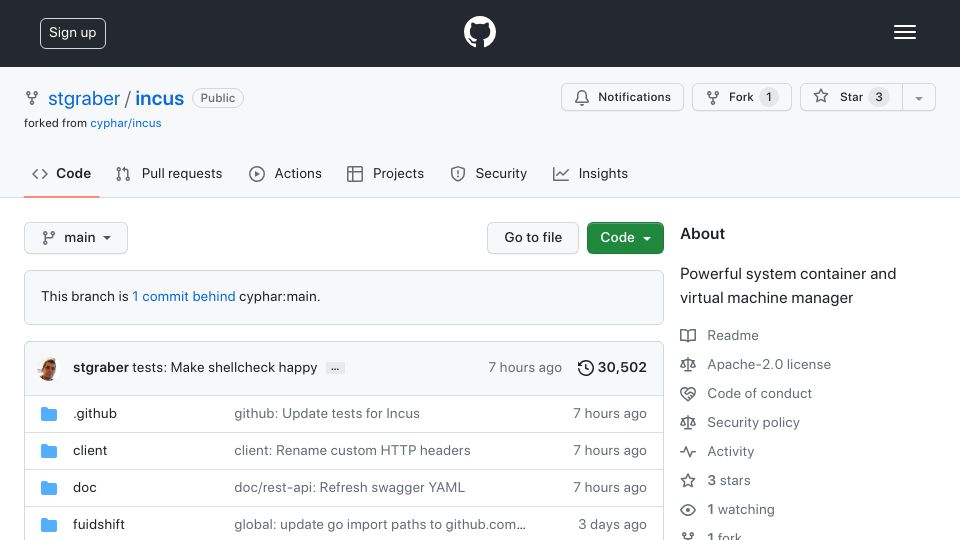 Screenshot of github.com: Canonical LXD forked by former project leader stgraber