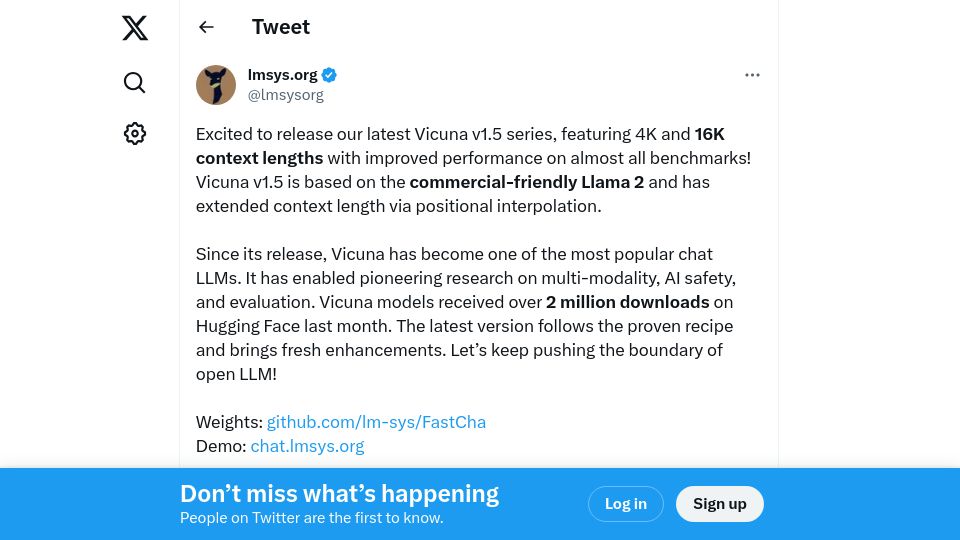 Screenshot of twitter.com: Vicuna v1.5 series, featuring 4K and 16K context, based on Llama 2