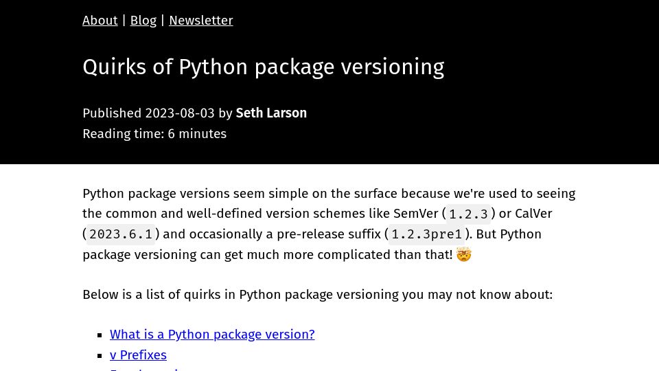 Screenshot of sethmlarson.dev: Quirks of Python package versioning