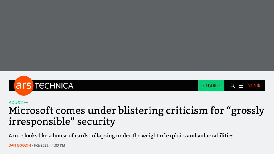 Screenshot of arstechnica.com: Microsoft comes under blistering criticism for “grossly irresponsible” security