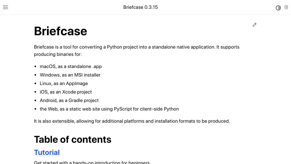 Screenshot of briefcase.readthedocs.io: Briefcase: Convert a Python project into a standalone native application