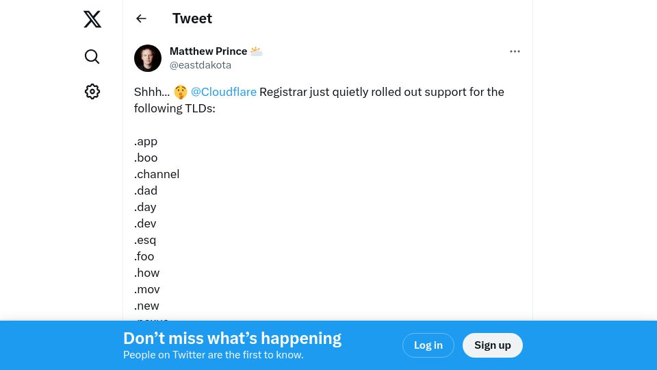 Screenshot of twitter.com: Cloudflare Registrar now supports .dev domains