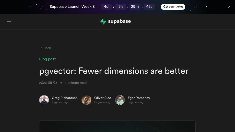 Screenshot of supabase.com: Pgvector: Fewer Dimensions Are Better