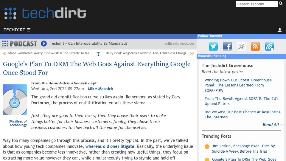 Screenshot of techdirt.com: Google’s Plan to DRM the Web Goes Against Everything Google Once Stood For