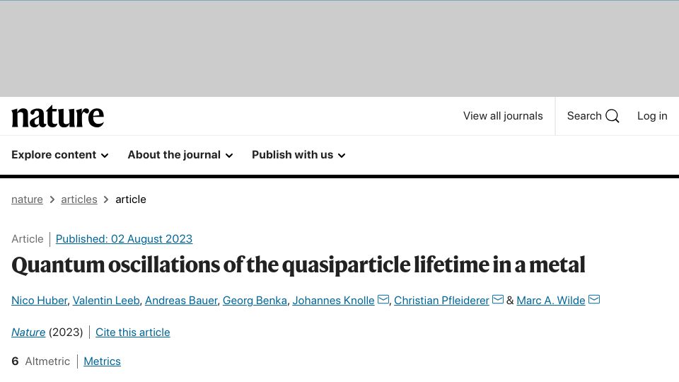 Screenshot of nature.com: Quantum oscillations of the quasiparticle lifetime in a metal