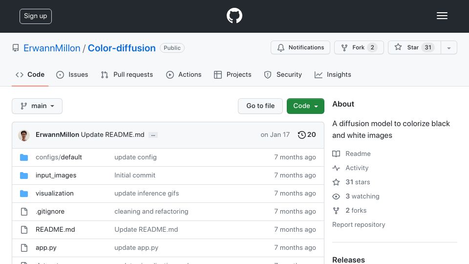 Screenshot of github.com: Color-Diffusion: using diffusion models to colorize black and white images