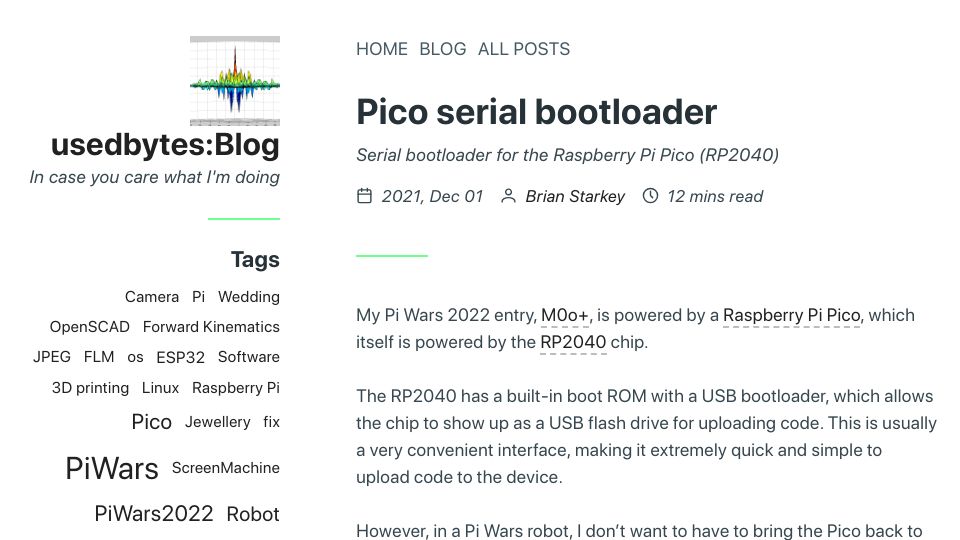 Screenshot of blog.usedbytes.com: Pico Serial Bootloader (2021)