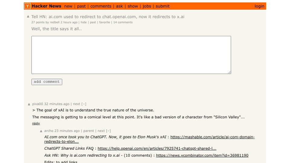 Screenshot of Hacker News post: Tell HN: ai.com used to redirect to chat.openai.com, now it redirects to x.ai
