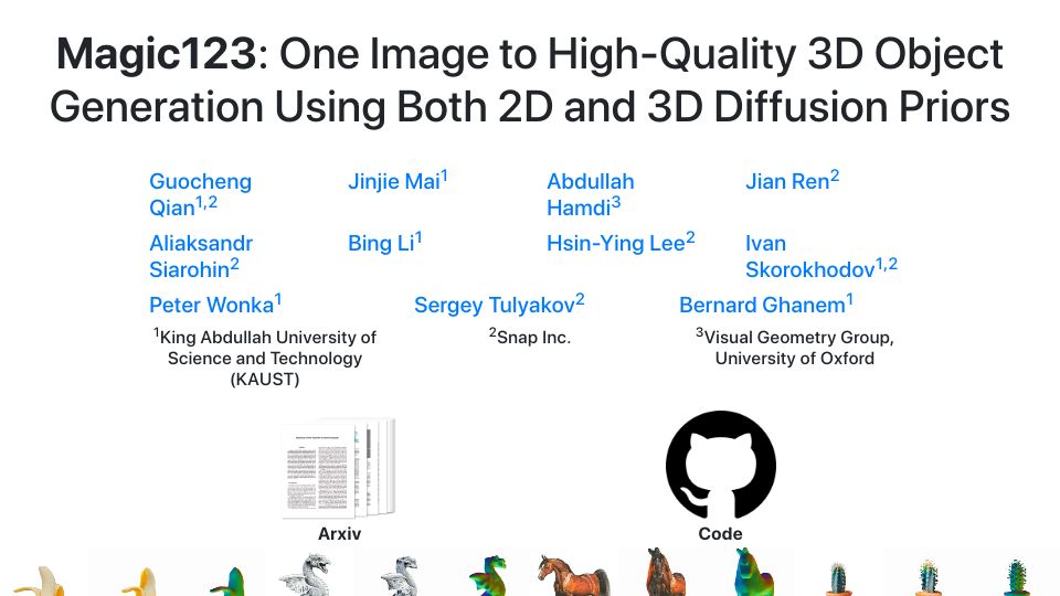 Screenshot of guochengqian.github.io: Magic123: One Image to High-Quality 3D Object Generation