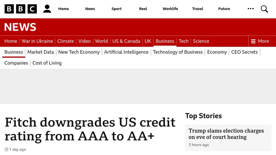 Screenshot of bbc.com: Fitch Downgrades US Debt