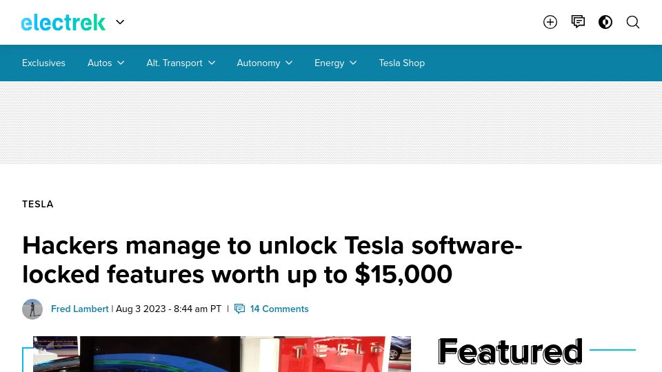 Screenshot of electrek.co: Hackers manage to unlock Tesla software-locked features