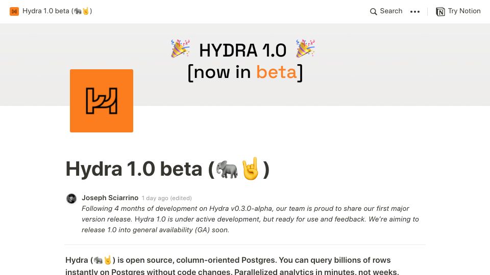 Screenshot of hydra-so.notion.site: Show HN: Hydra 1.0 – open-source column-oriented Postgres