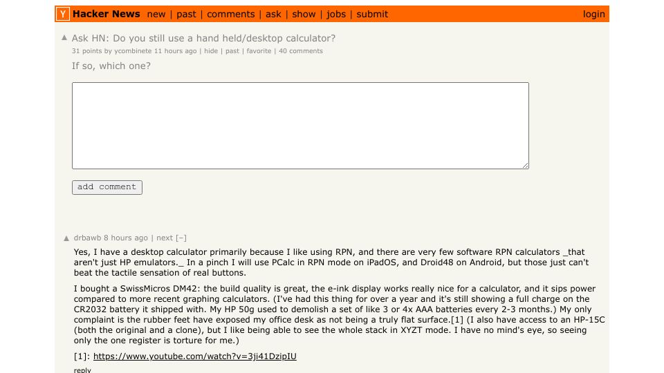 Screenshot of Hacker News post: Ask HN: Do you still use a hand held/desktop calculator?