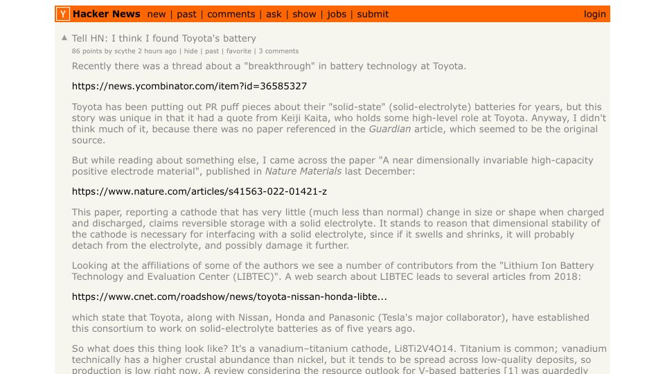 Screenshot of Hacker News post: Tell HN: I think I found Toyota's battery