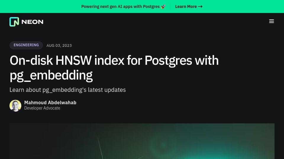 Screenshot of neon.tech: On-disk HNSW index for Postgres with pg_embedding