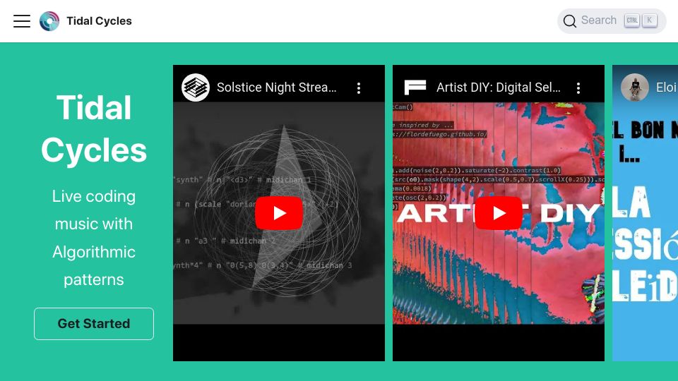Screenshot of tidalcycles.org: Tidal Cycles – Live coding music with Algorithmic patterns