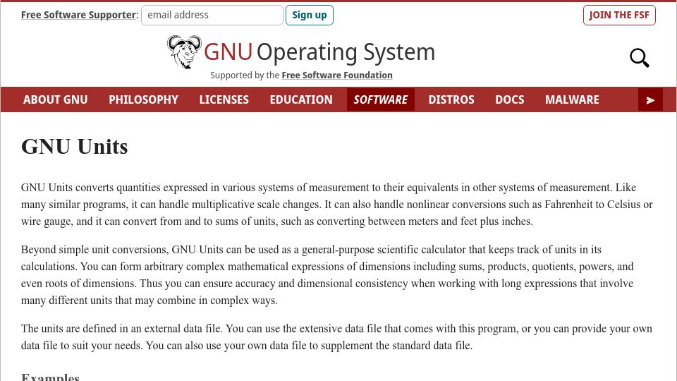 Screenshot of gnu.org: GNU Units
