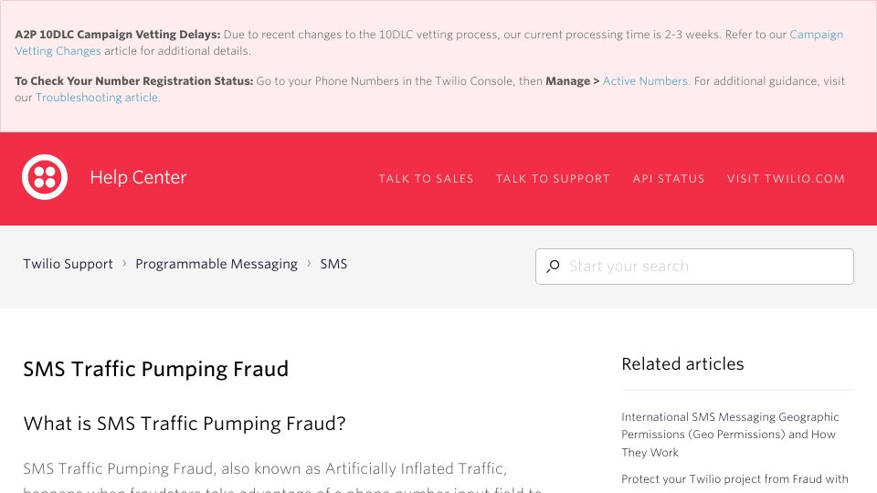 Screenshot of support.twilio.com: SMS traffic pumping fraud
