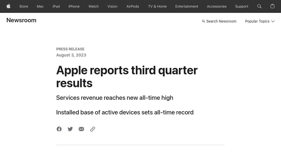 Screenshot of apple.com: Apple reports third quarter results