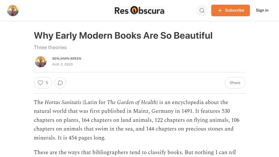 Screenshot of resobscura.substack.com: Why early modern books are so beautiful