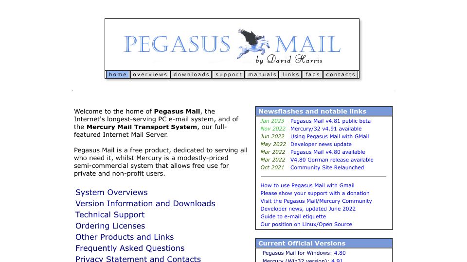 Screenshot of pmail.com: Pegasus Mail