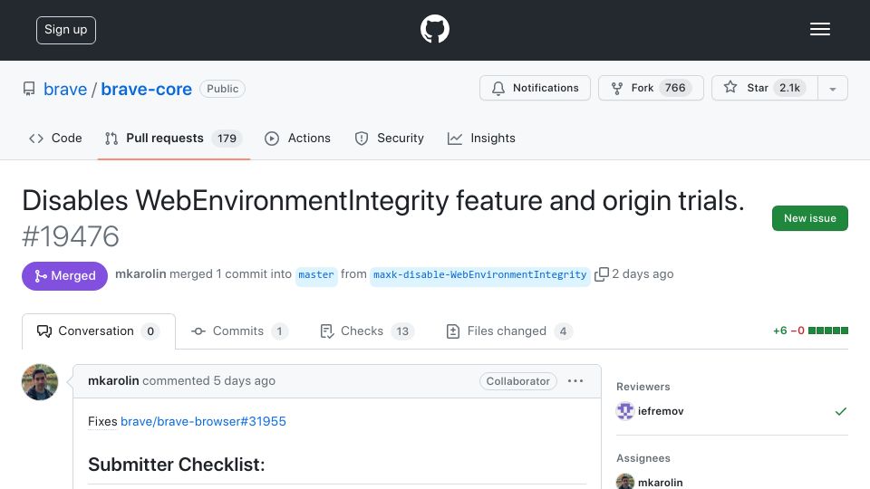 Screenshot of github.com: Disables WebEnvironmentIntegrity feature and origin trials